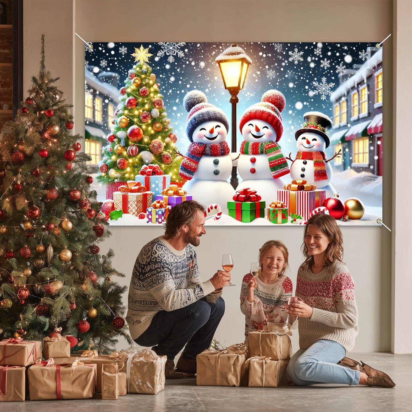 BlissYard Winter Christmas Snowman Banner Backdrop 71x43 Inch Holiday Wall Decoration with Snowy Night Tree Streetlight and Gift Scene for Indoor Party Display Merry Christmas Home Decor