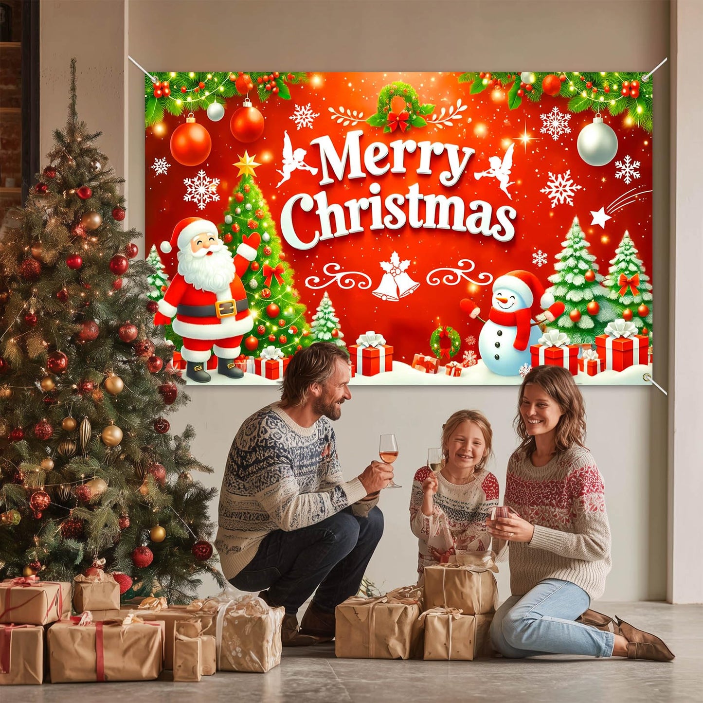 BlissYard Merry Christmas Banner 71x43 Inch Santa Claus Snowman Christmas Tree Gift Box Red Backdrop for Indoor Outdoor Xmas Party Wall Decor Holiday Celebration Decorations