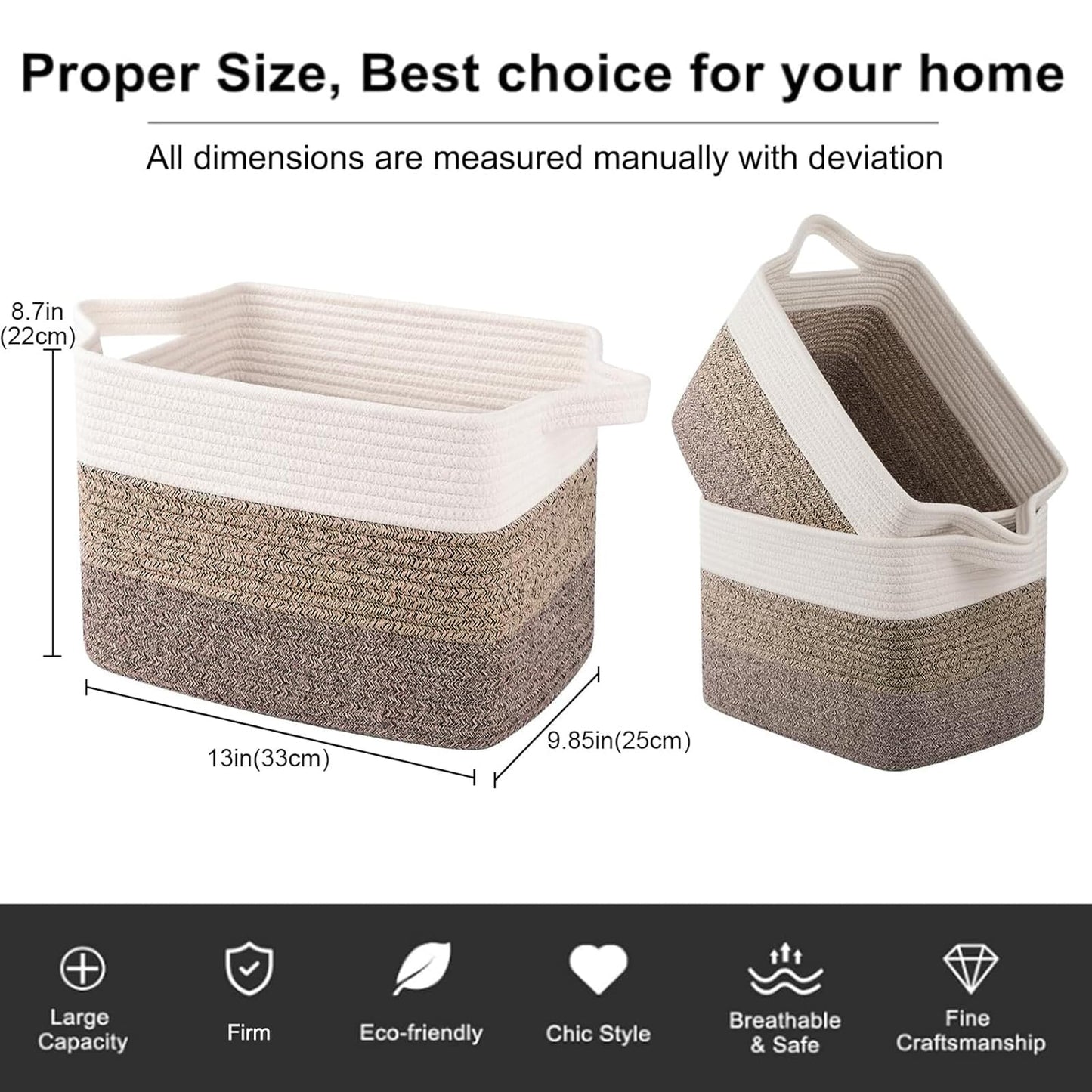 OIAHOMY 3 Pack Storage Basket, Woven Baskets for Storage, Cotton Rope Basket for toys,Towel Baskets for Bathroom,Brown