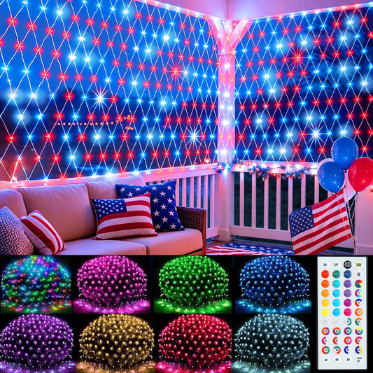 Pooqla Color Changing Net Lights, 34 Colors 4th of July Outdoor Mesh Lights with Remote, 14.8x4.9 ft 240 LED RGB Net Light Connectable Plug in Waterproof for Bush Christmas Patriotic Decoration