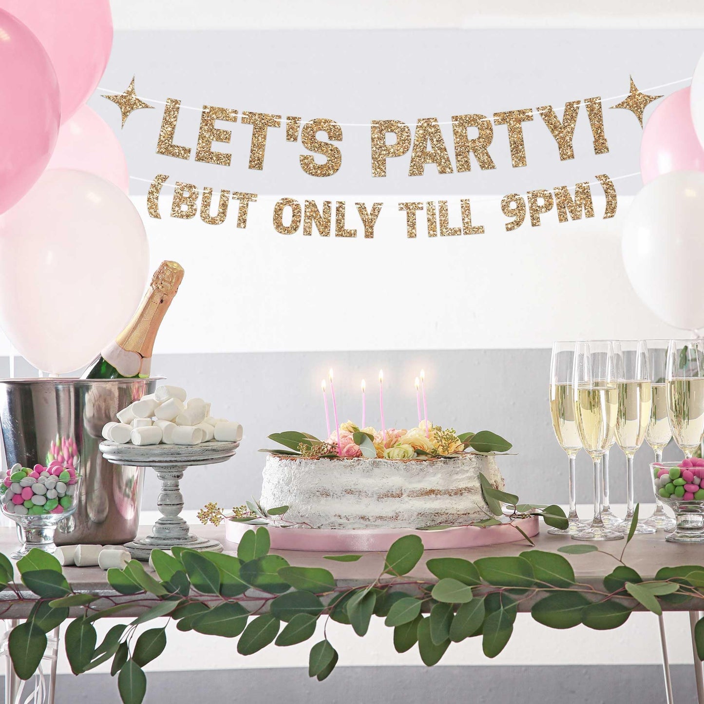 Pre-strung Let's Party But Only Till 9 PM Banner - No DIY - Gold Glitter Funny Birthday Banner for Men & Women - Pre-strung on 8 ft Strands - Gold Party Decorations & Decor. Did We Mention No DIY