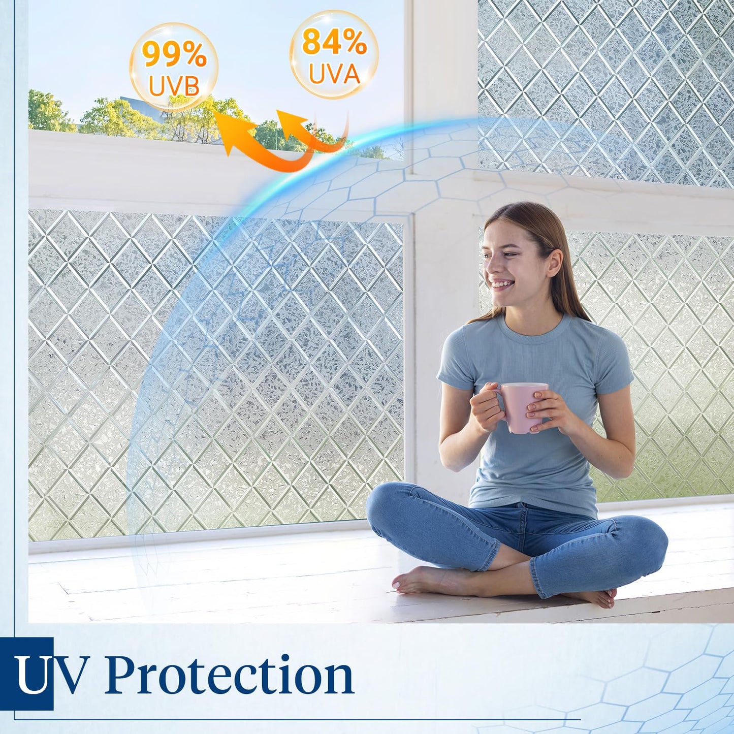 Haton Window Privacy Film Decorative Frosted Glass Window Film, Sun Blocking Stained Glass Clings, Static Cling Removable Stickers for Home Door Coverings, Lattice Pattern 17.5" x 78.7"