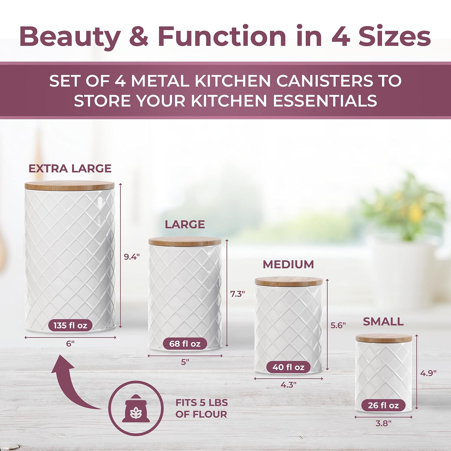 Pebble & Stem® White Metal Canister Set for the Kitchen Counter, Food Canister Set of 4, Airtight Lids, Sugar and Flour Containers for Countertops, Coffee and Tea Storage, Farmhouse Decor