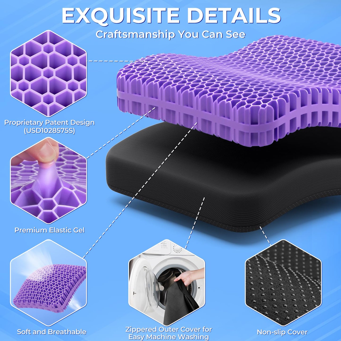 TushGuard Gel Seat Cushion for Long Sitting, Enlarged & Thickened Patent Design, Breathable Cooling for Office Chair, Soft Car Seat Cushion for Wheelchair (Standard, Black)
