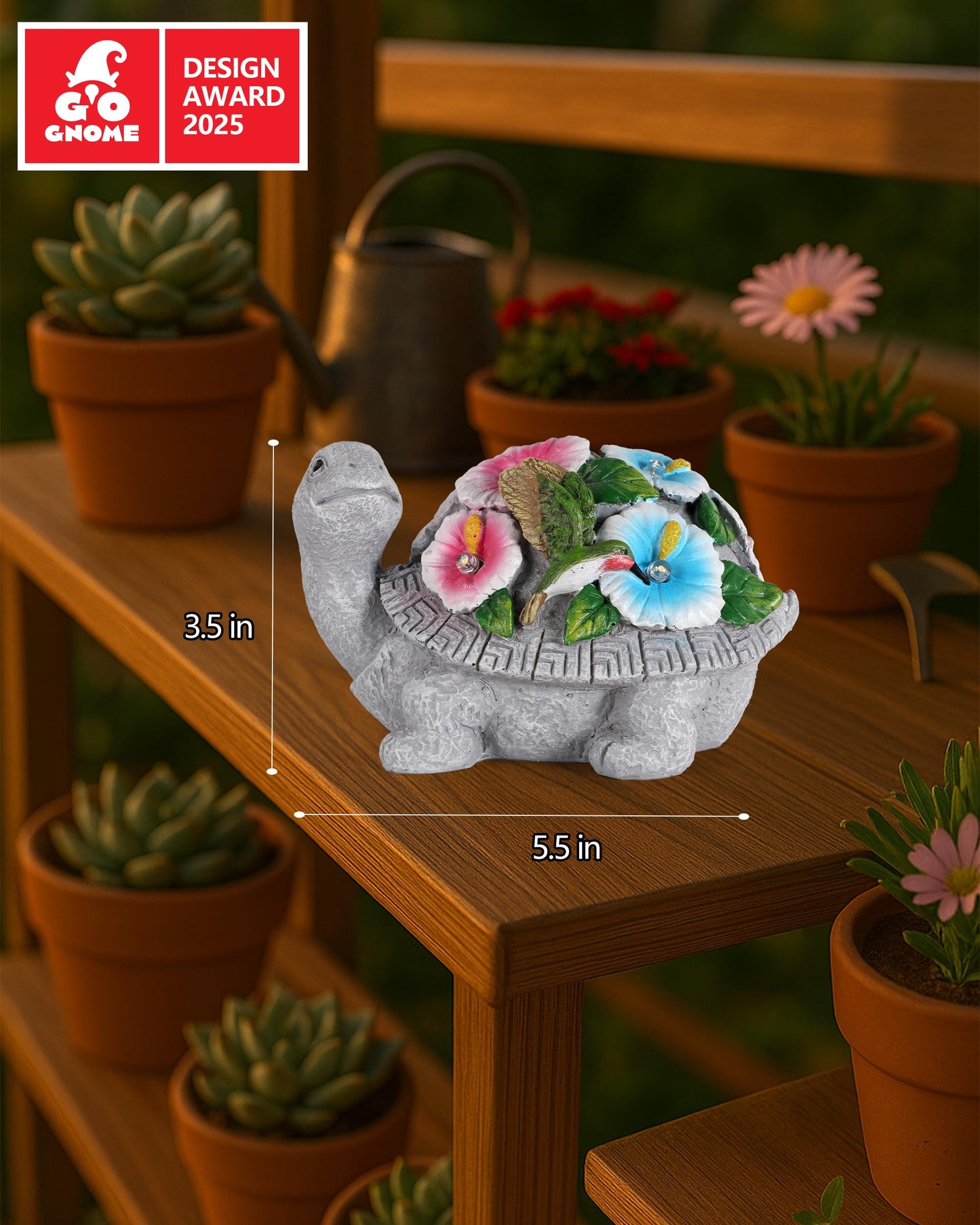 GoGnome Solar Turtle Figurine Lights with Hummingbird Flower 5.5-inch – Garden Statue for Outdoor Yard Decorations, Lawn Ornaments, Balcony Decor – Ideal Gift for All Occasions (Turtle)