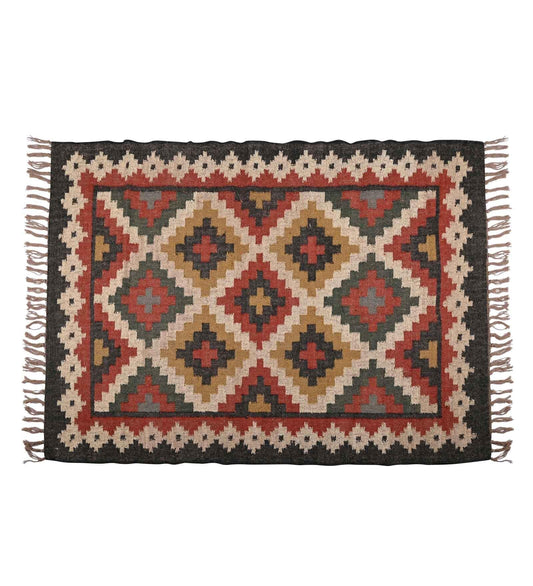 Geometric Kilim Wool Jute Rug - Natural Handwoven Flatweave, Bohemian Southwestern Style, Sustainable and Eco-Friendly Vintage Tribal Design, Perfect for Living Room or Bedroom, Multicolor 2X3