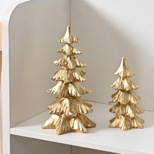 FESTGLOX Gold Christmas Tree Figurines, Small Resin Christmas Trees Home Decor, Tabletop Tree Set of 2, Decorative Xmas Trees for Christmas Decorations Indoor Mantle Centerpieces