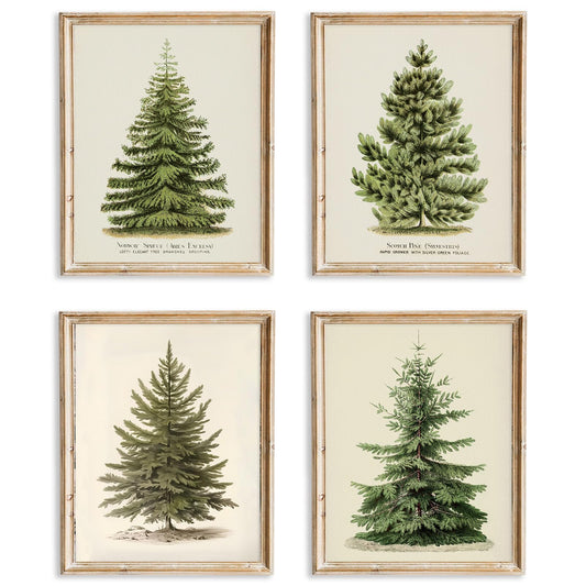 ASTRDECOR Vintage Christmas Tree Wall Art – Set of 4 Rustic Pine Tree Prints, Cozy Botanical Winter Holiday Decor, Unframed Christmas Wall Artwork for Festive Home Styling (8x10 Inch)