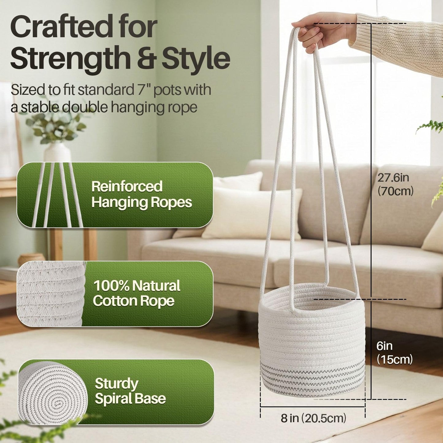 Flexzion Macrame Plant Hanger Basket for Indoor Plants - 8 Inch Jute Rope Planter Pot Cover, Woven Hanging Plant Holder Up to 7 Inch Pots, Boho Hanging Planters Home Decor Storage Organizer (White)