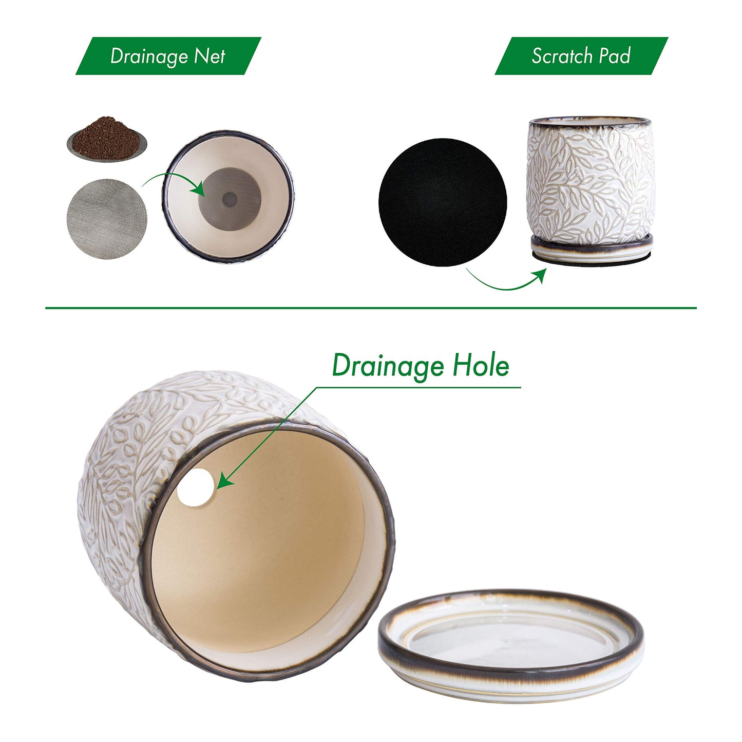 D'vine Dev 4 Inch Embossed Leaves Stoneware Planter Pot with Drainage Hole and Saucer, Smoked White, Set of 1, 27-A-Z-1