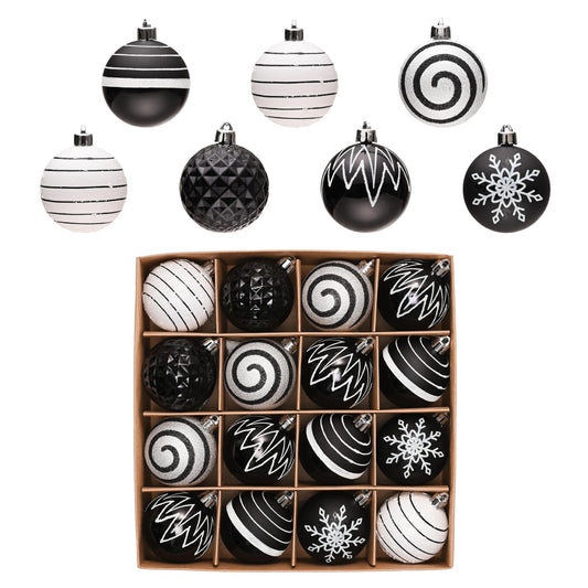 Valery Madelyn Christmas Ornaments Tree Decorations, 16ct Black and White Shatterproof Boho Christmas Ball Ornaments Set, 2 Inch Modern Decorative Hanging Ornament Bulk for Xmas Holiday Party Decor