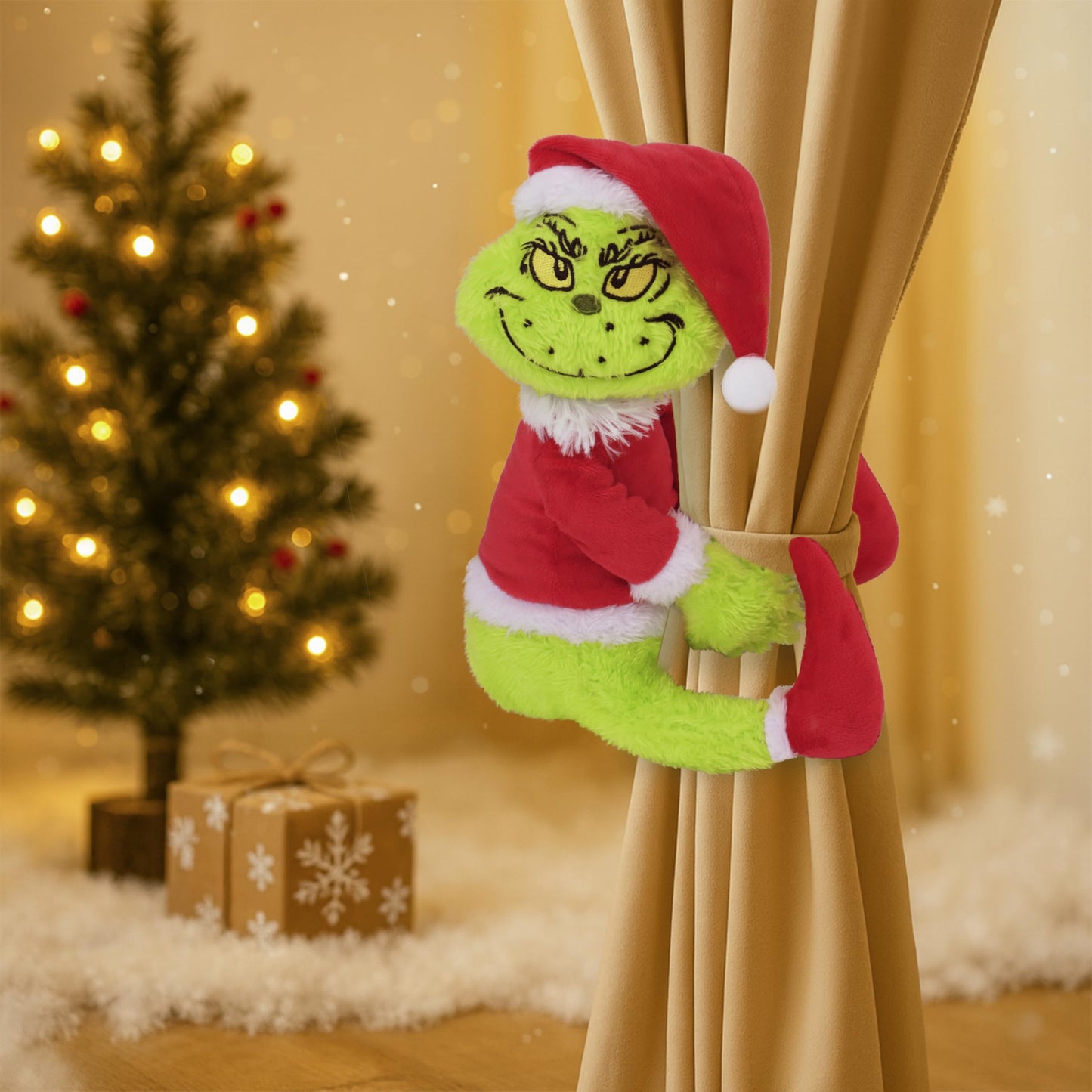 Green Furry Christmas Thief Tree Topper, Holiday Character Tree Hugger Decoration for Wine Bottle Curtain Christmas Tree Ginger Bread Home Decor (1 Pack)