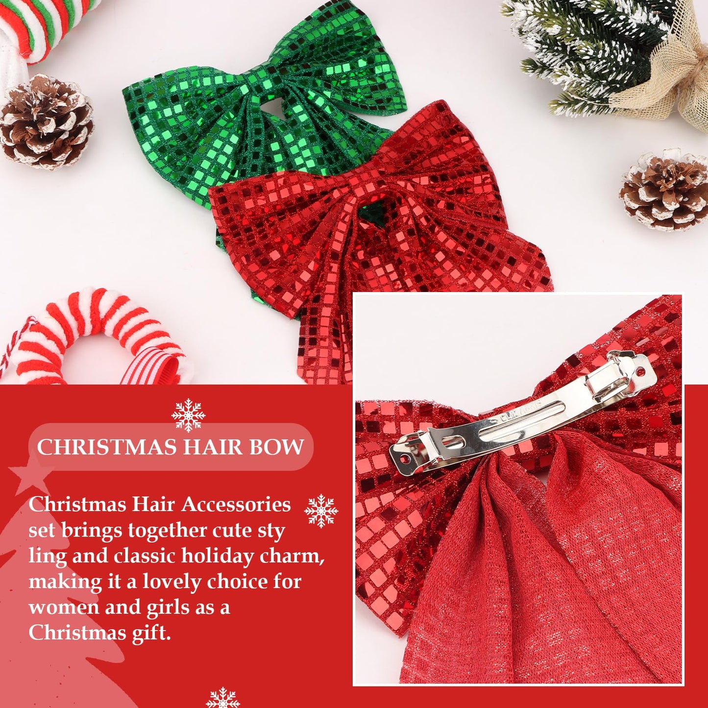 AMCAMI 2Pcs Christmas Bows Hair Clips, Glitter Sequin Bow Barrettes,Sparkly Christmas Hair Accessories Gifts Stocking Stuffers(Red & Green)