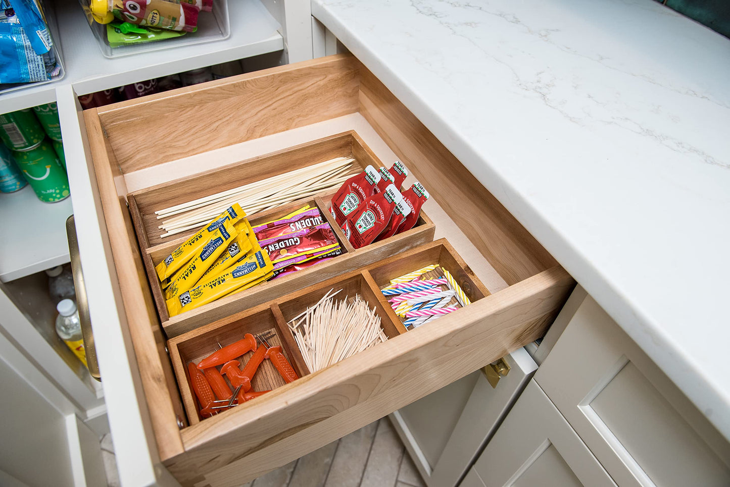 Lipper International Acacia Wood Drawer and Desk Organizer Tray for Office Supplies or Household and Kitchen Items, 3 Compartments, 11 5/8" x 4 1/8" x 1 3/4”