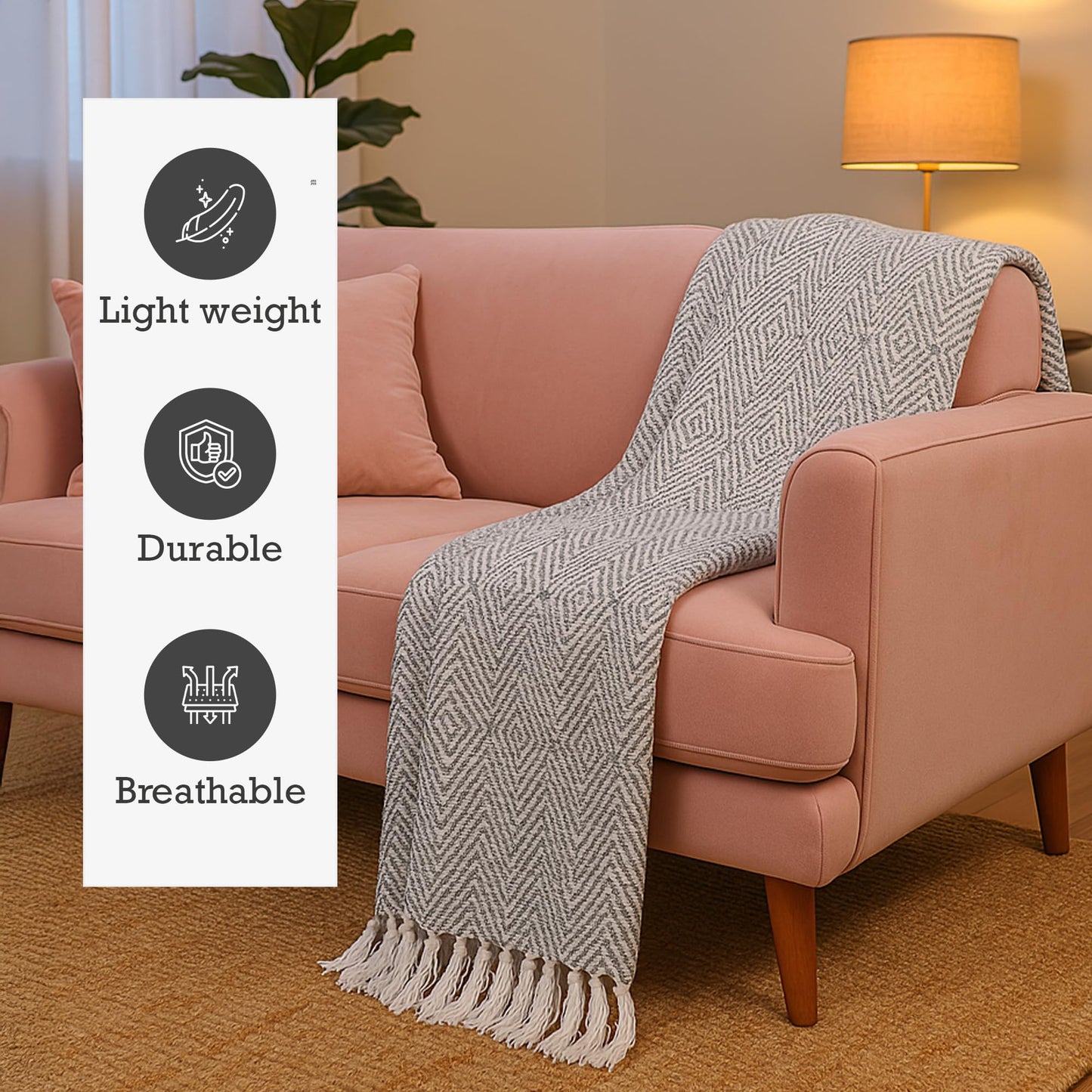 RAJRANG Grey Woven Country Rustic Throw Blanket 100% Cotton Luxury Quality Sofa Couch Bed Throws Perfect for Indoor Outdoor 50x60 Inches Wild Dove