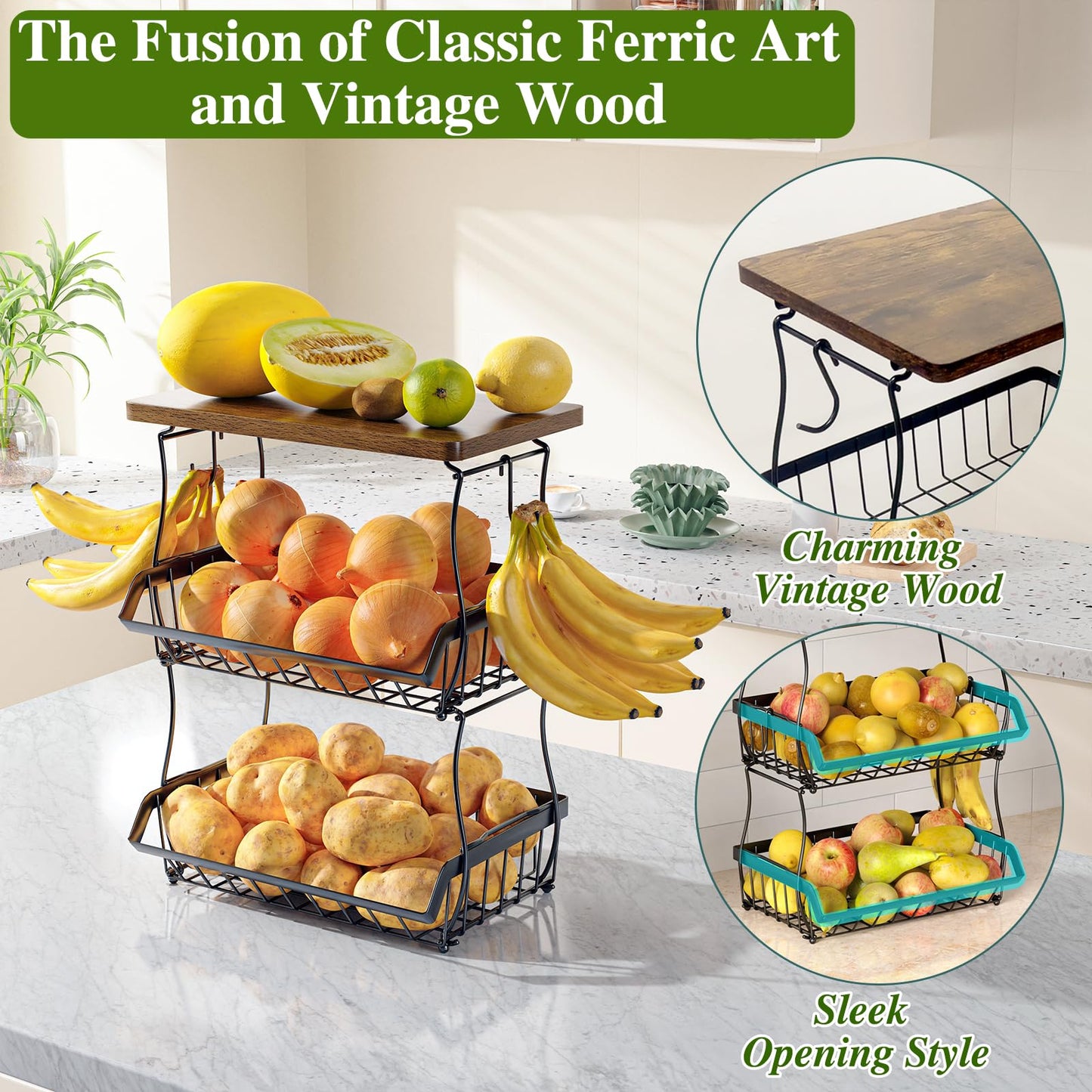 OKZEST 3-Tier Fruit Basket for Kitchen Counter with Banana Hangers, Countertop Organizer Fruit Bowls with Wood Top, Fruit Storage Basket Stand for Storage Potato Onion Bread Snack Fruit Veggie