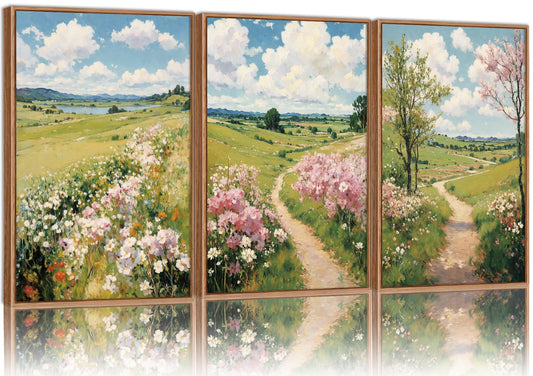 Tinonedraw Rustic Landscape Framed Canvas Wall Art Triptych, Blue and White Wall Decor, Vintage Botanical Floral Artwork, Modern Country Nature Farmhouse Art Prints for Living Room Bedroom 16"x24"x3