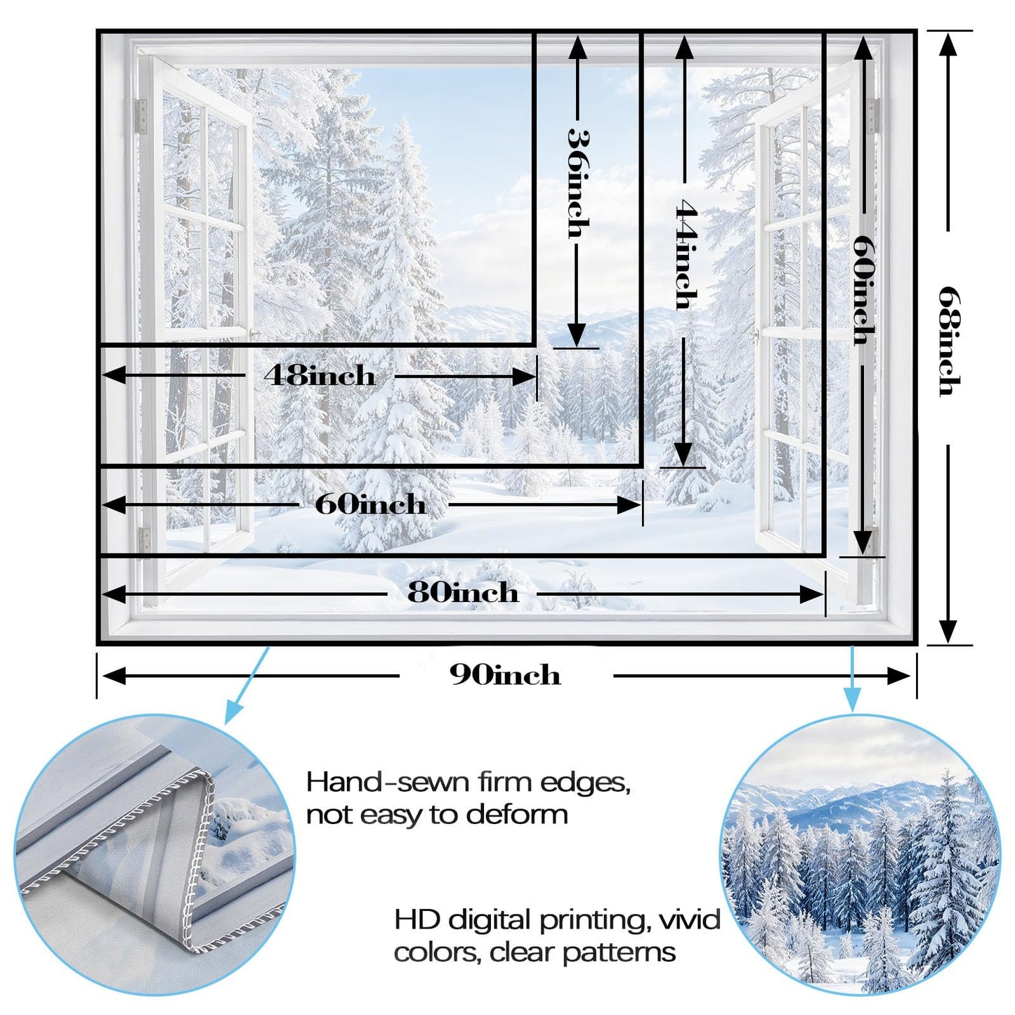 Lifeella Winter Snow Window Tapestry, Forest Outdoor Landscape Christmas Wall Backdrop, Snowy Mountain Mural for Living Room Bedroom Decor, White 36x48 inches