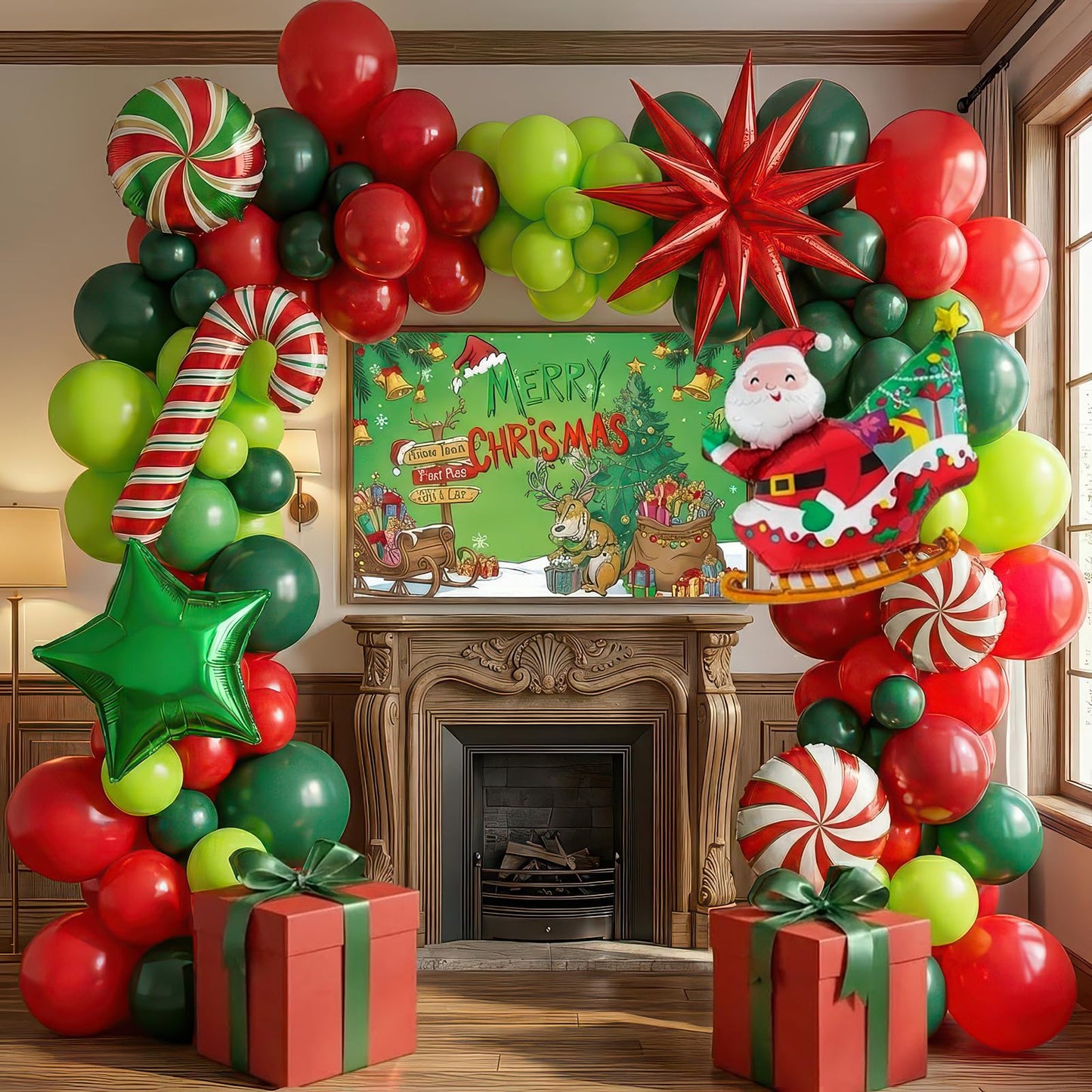 Christmas Balloon Garland Arch Kit with backdrop Xmas Red Green Balloons Candy Cane Santa Claus Star Foil Balloons for Christmas New Year Birthday Party Decorations