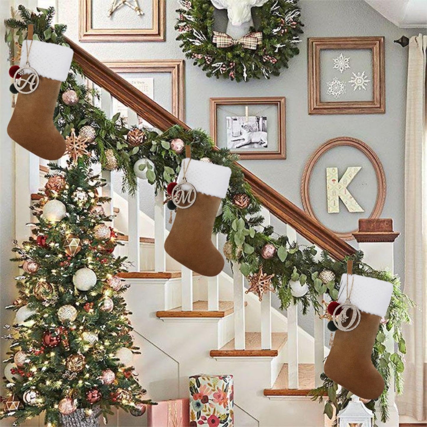 Pxniy Personalized Gold Wooden Initial Christmas Stocking, 19.5 inches Velvet Christmas Stocking with pom poms,Christmas Decorations for Xmas Fireplace Holiday Party(Gold A)