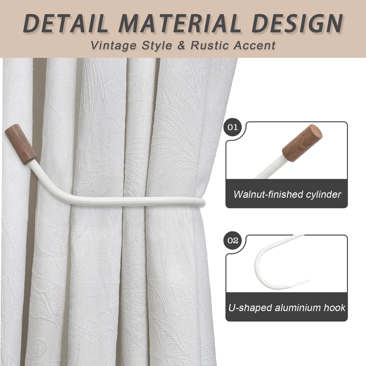 Curtain Tiebacks Rustic Holdbacks for Drapes, Farmhouse Tie Backs for Curtains, Metal Iron Holder, Natural Boho Decor Drapery Holder for Black/Sheer Drapery, Pack-2, White