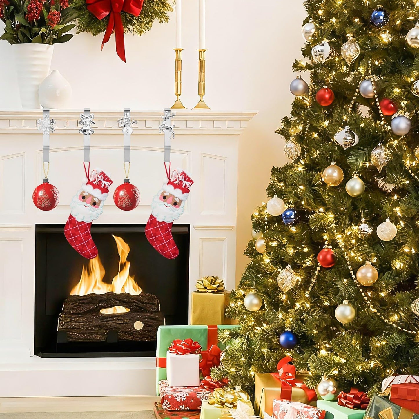 Christmas Stocking Holders for Mantle, Reusable No-Damage Hooks with Fireplace Grip Stand, Xmas Decoration Set for Hanging Stockings on Shelves, Mantel Clips for Holiday Party Home Decor Silver