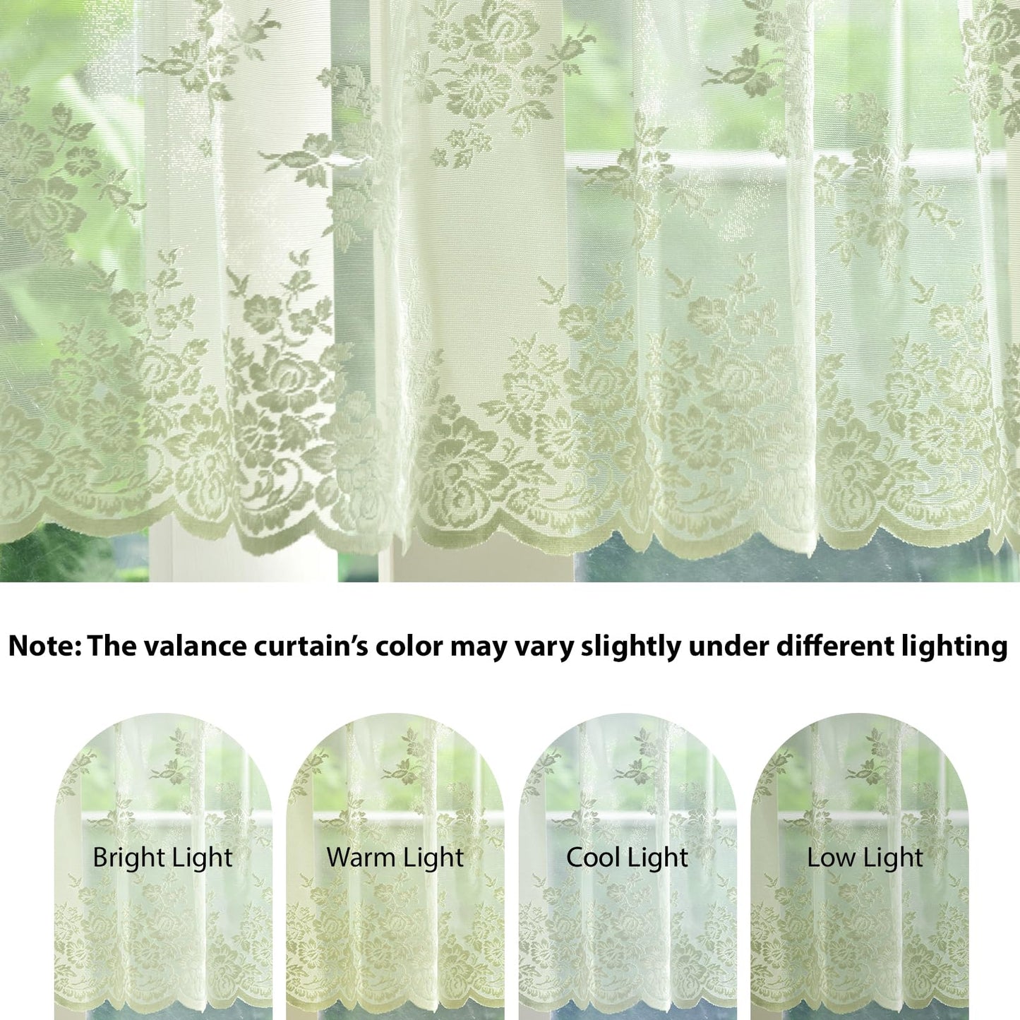 Kotile Light Sage Green Sheer Valance Curtain for Windows, Rustic Floral Muted Green Window Lace Curtain 18 Inch Length, Rod Pocket Light Filtering Valance, 52W x 18L Inch, 1 Panel