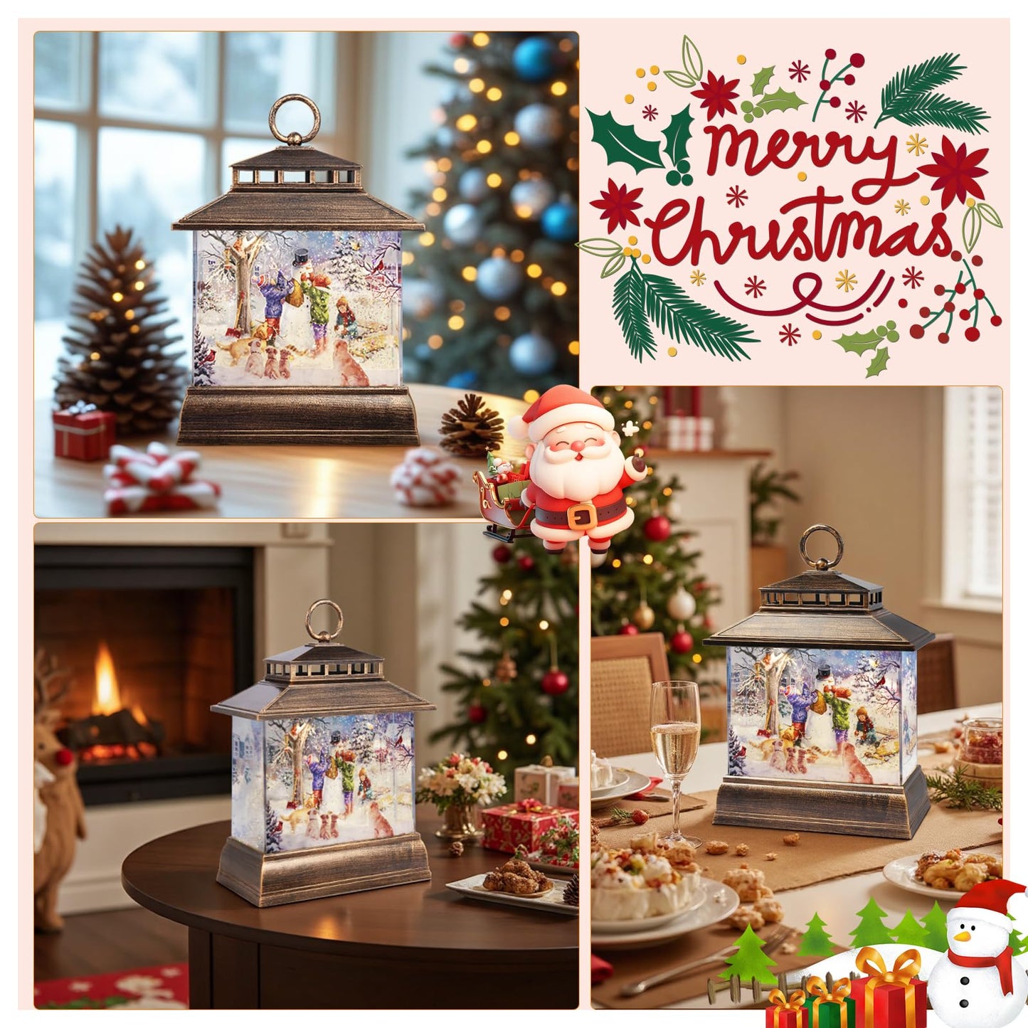 Christmas Snow Globe Lantern Water Glittering Lantern with 8 Songs & 6H Timer Romote Control Christmas Snow Globes USB & Battery Operated for Holiday Festival Decorations Gifts (Snowman and Children)
