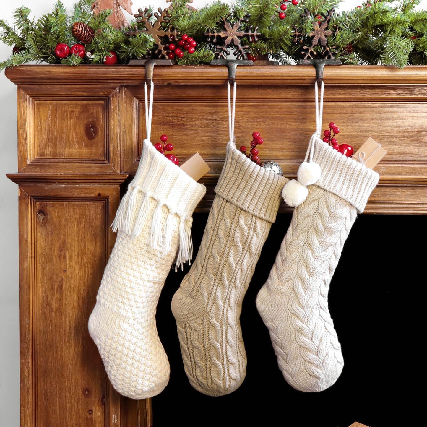 Farmhouse Personalized Knitted Christmas Stockings, 3 Packs 18 inche Knit Christmas Stockings, Rustic Farmhouse Boho Style Stocking Decorations for Family Holiday Season Decor, White & Beige