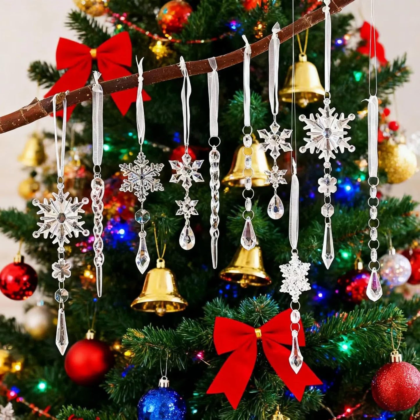Christmas Ornaments for Tree Decorations - Hanging Acrylic Snowflake & Icicle Christmas Pendants for Winter Xmas Tree,New Year Party Supplies,DIY Holiday Décor