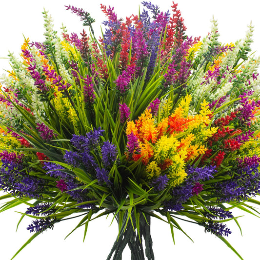 Grunyia Artificial Lavender Plants with Mixed Color Flowers, 20 Bundles, Outdoor Decorative Grass