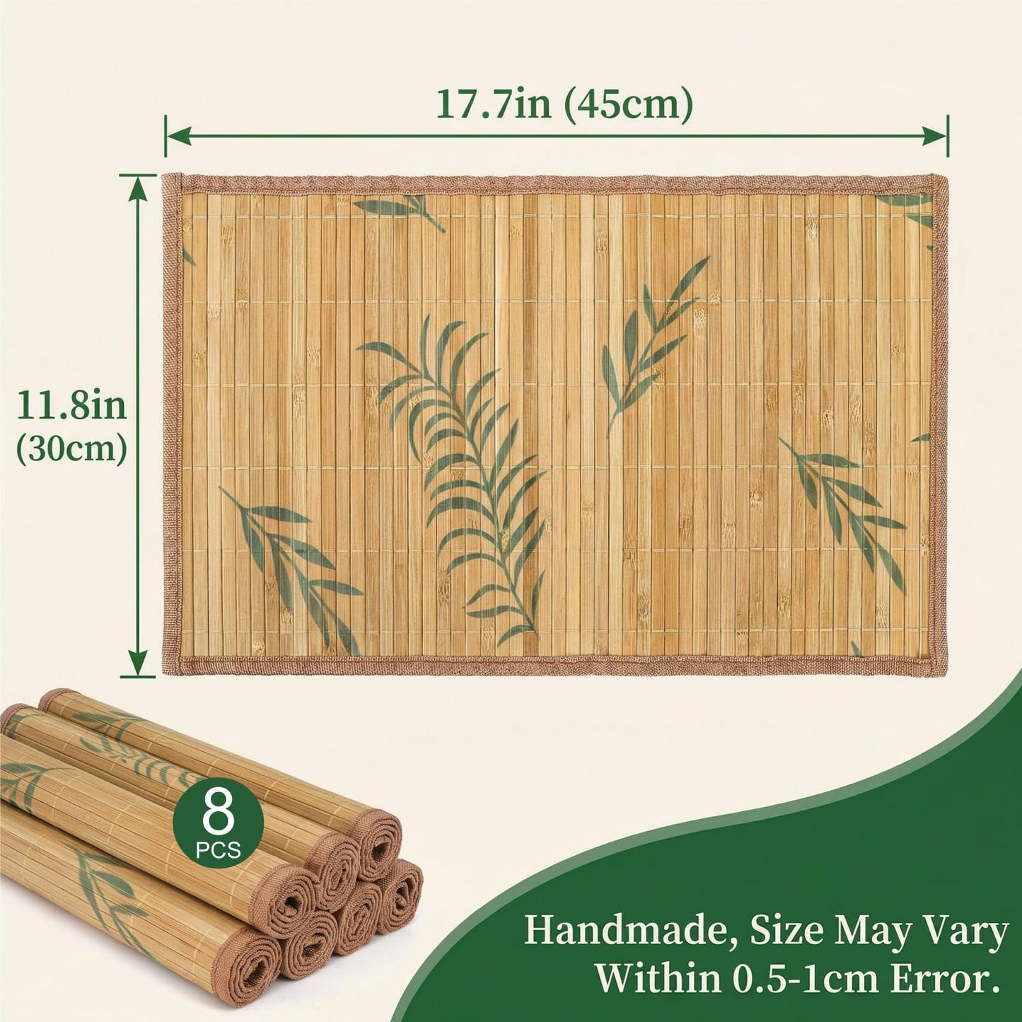 Eorbow 8 Pack Bamboo Placemats, 18 x 12 Inch Anti-Slip Table Mats, Heat Resistant Place Mats, Japanese Style Washable Placemats for Dining Room, Kitchen, Restaurant