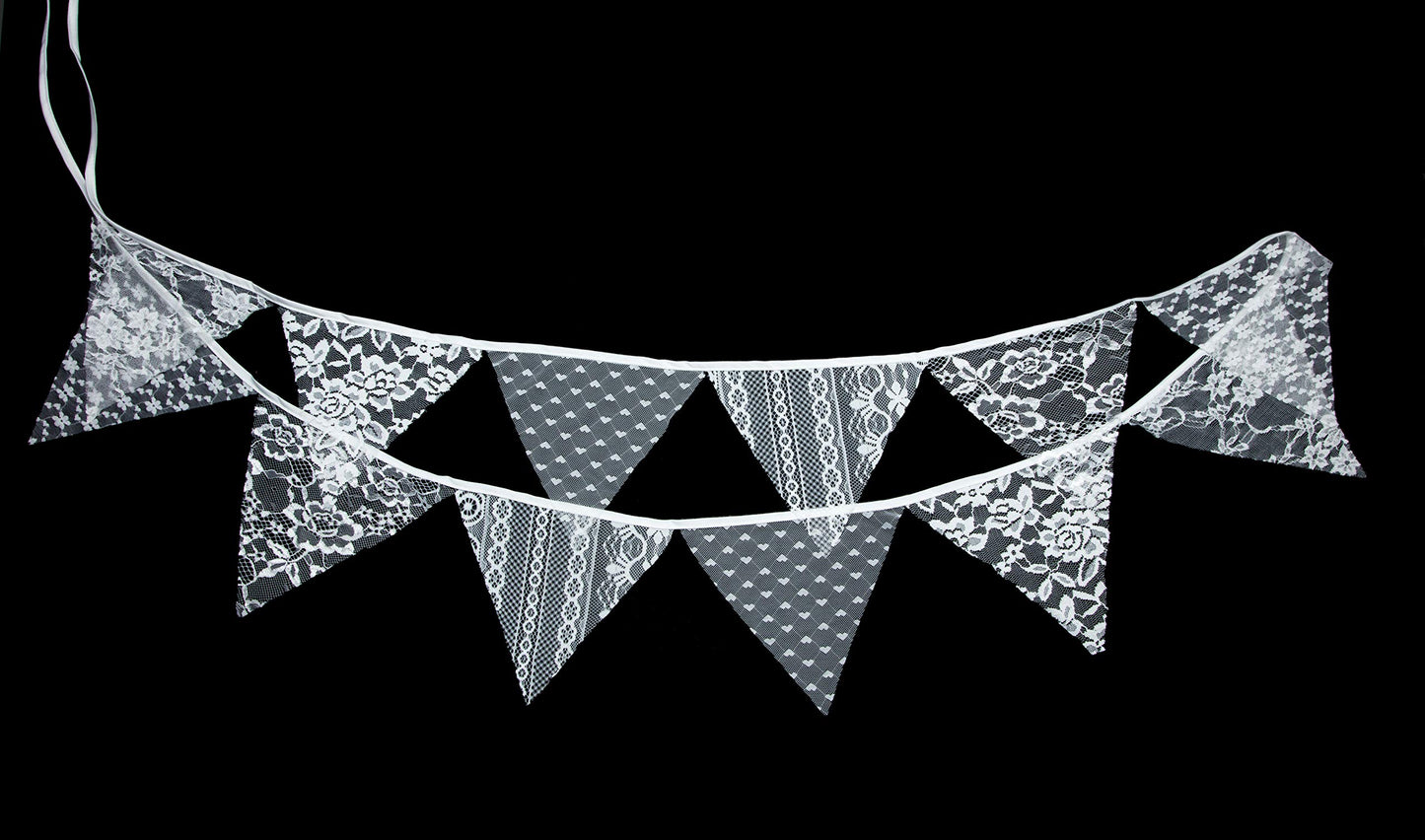 LOVENJOY White Floral Lace Pennant Banner, Fabric Triangle Lace Bunting Flag Garland - 10.8 Feet