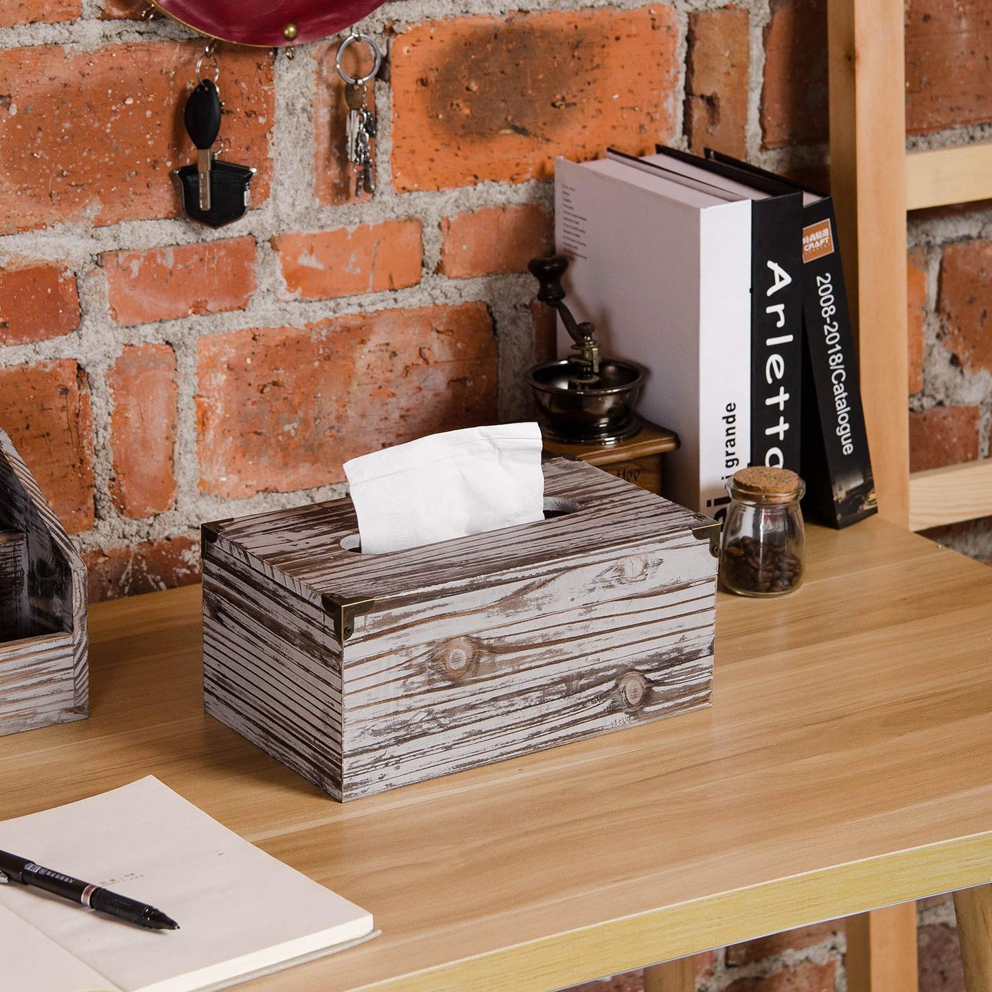 Liry Products Rustic Dark Brown Distressed Wood Facial Tissue Paper Box Metal Corner Brackets Hinge Lid Top Cover Holder Standard Size Rectangular Napkin Dispenser Bathroom Kitchen Bedroom