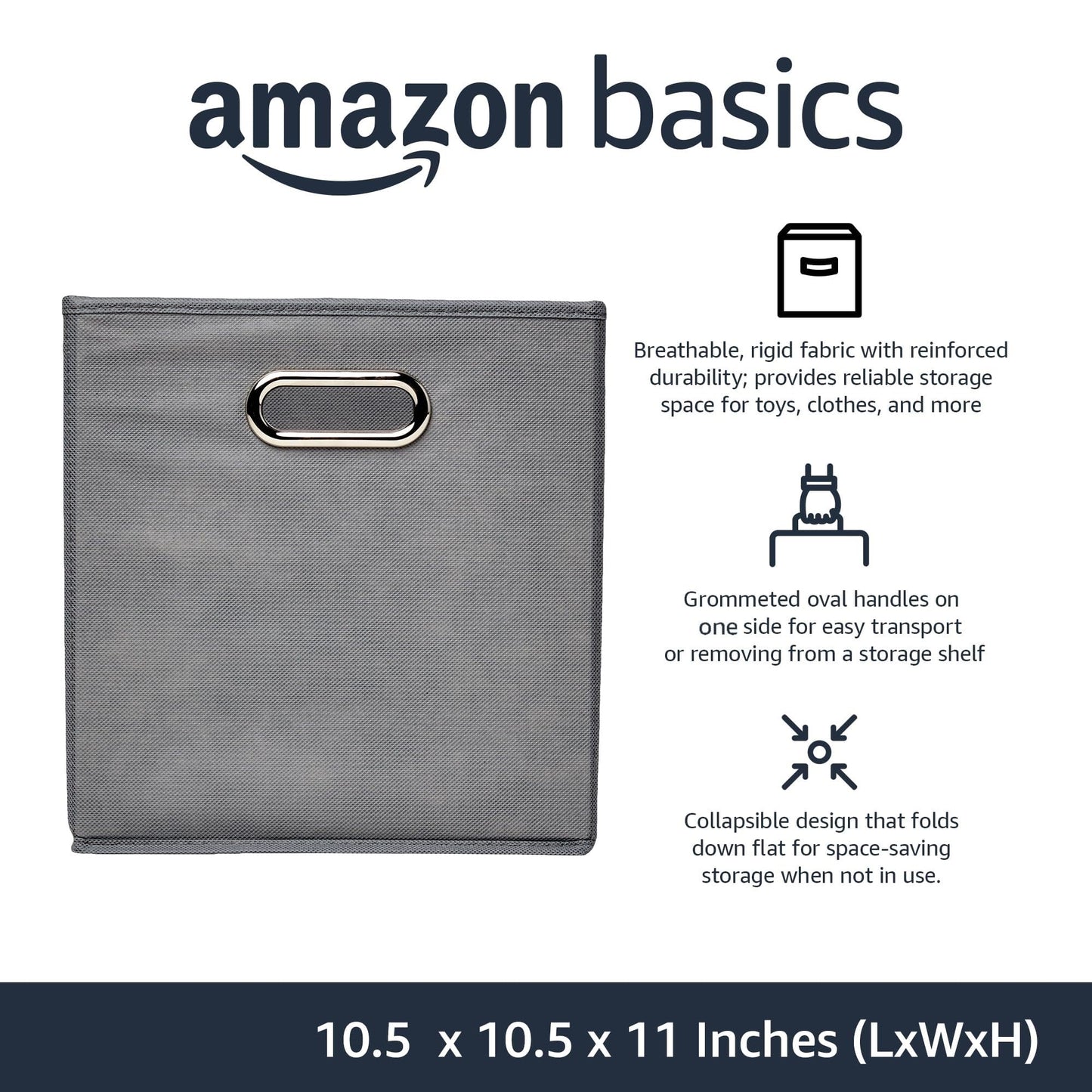 Amazon Basics Collapsible Cube Storage Bins, Space-Saving, Organizing Fabric Bins with Handles, 10.5 x 10.5 x 11 inches, Light Grey, 6-Pack