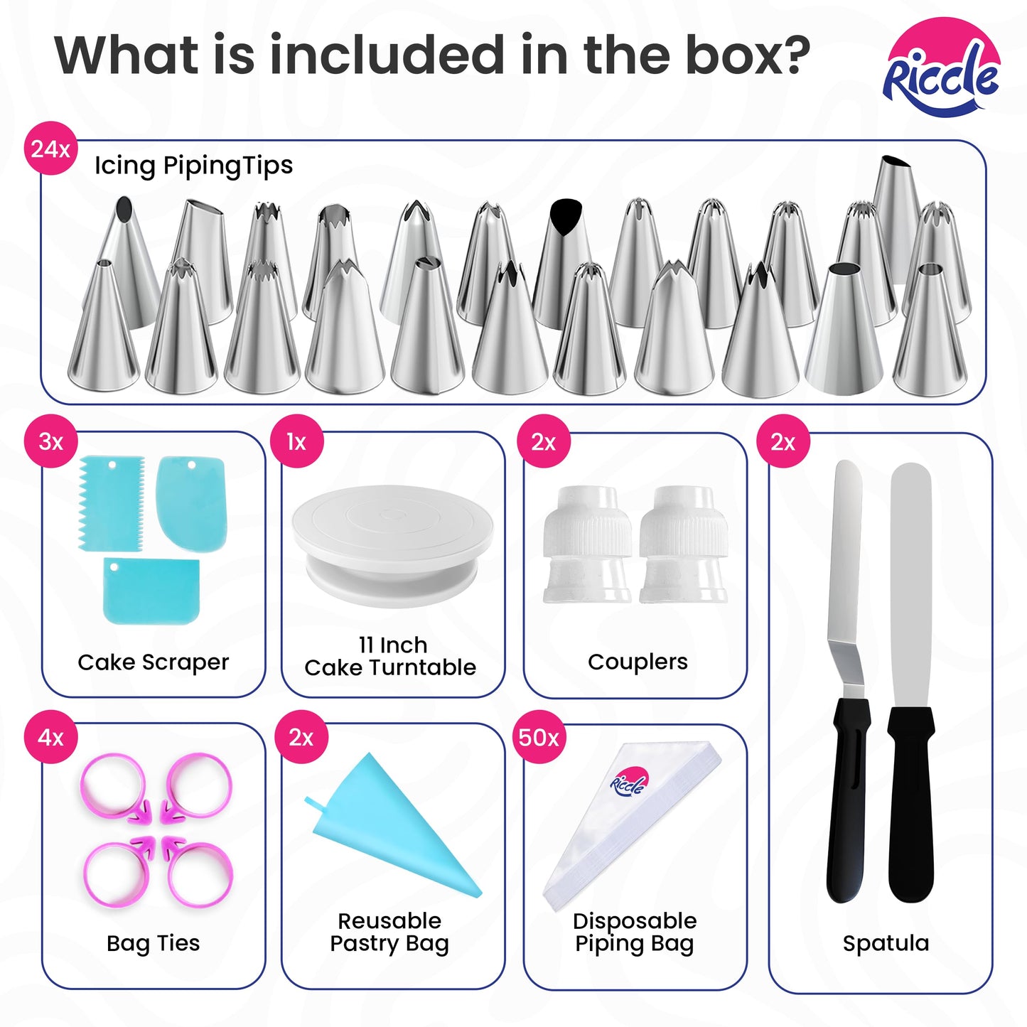 Riccle 88 pcs Cake Decorating Kit with Cake Turntable - Includes 50 Disposable + 2 Reusable Piping Bags and Tips Set, 24 Icing Piping Tips, 2 Spatulas, 3 Icing Comb Scraper, Baking Supplies