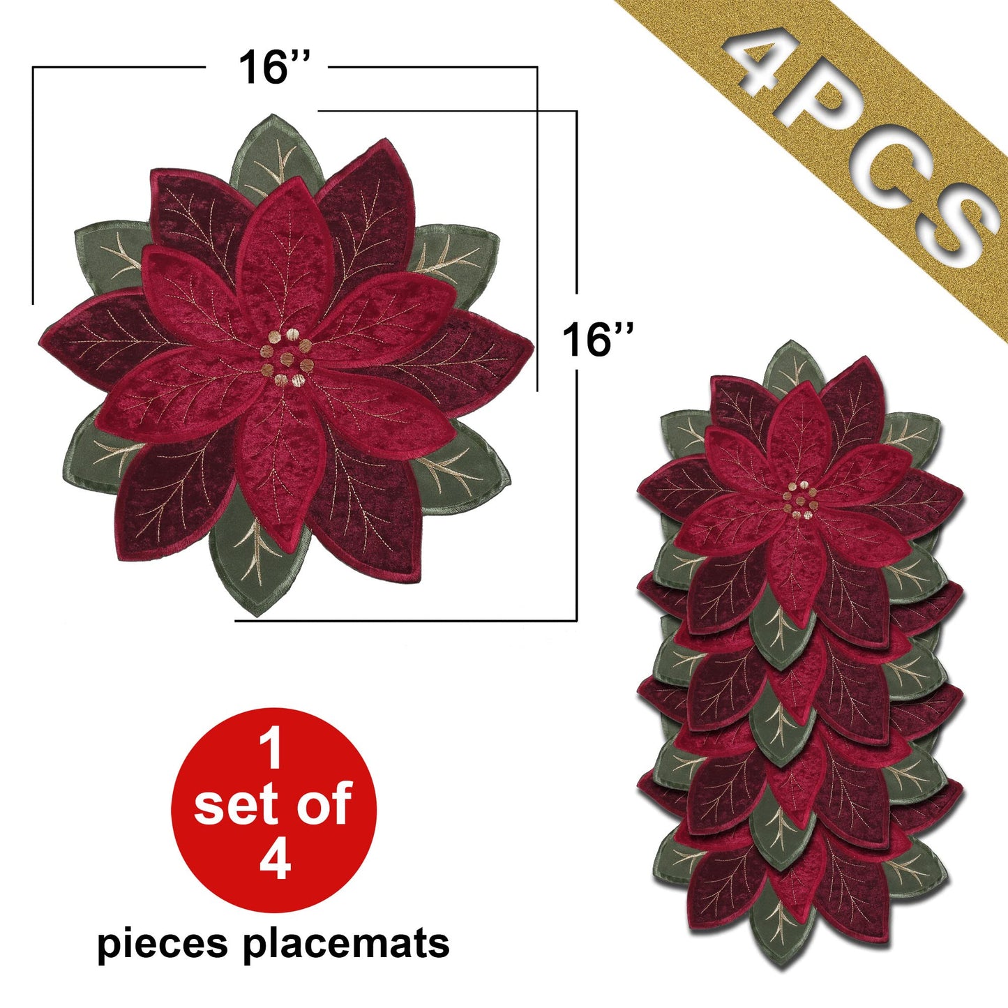 OWENIE Christmas Placemats Set of 4, Poinsettia Table Mats with Embroidered and Applique Velvet Fabric, 16 Inch x 16 Inch Diecut Placemat for XMAS Holiday Tabletop, Round Doilies for Dining Table, Red