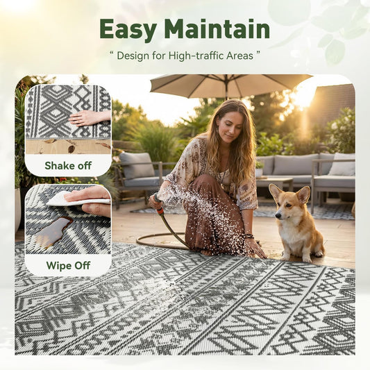 MontVoo Outdoor Rug Carpet Waterproof 5x8 Outdoor Patio Rug Mat Reverisble Plastic Straw Outdoor Rug for RV Camping Picnic Beach Balcony Boho Grey