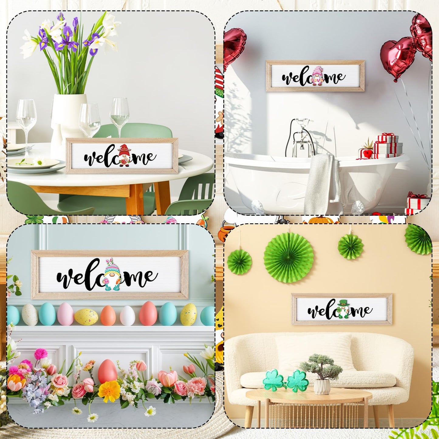 Bucherry Interchangeable Welcome Seasonal Tabletop Sign with 16 Pcs Seasonal Gnome Magnet Icons Holiday Christmas Wooden Horizontal Plaque Hanging Wall Sign Gift for All Seasons Counter Table