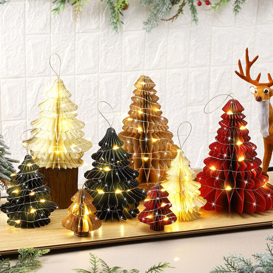 Faccito 8 Pcs Neutral Paper Christmas Tree Honeycomb Centerpiece Paper Honeycomb Christmas Tree with 2 LED Light Strings Holiday Hanging Decoration Table Centerpiece(Vintage Color)