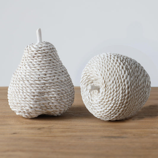 Huey House Apple and Pear Figurine Set of 2, Rope-Textured Resin Fruit Ornaments for Shelf Decor, Modern Minimalist Home Décor Accent, Kitchen Counter or Coffee Table Display, Matte White Cream