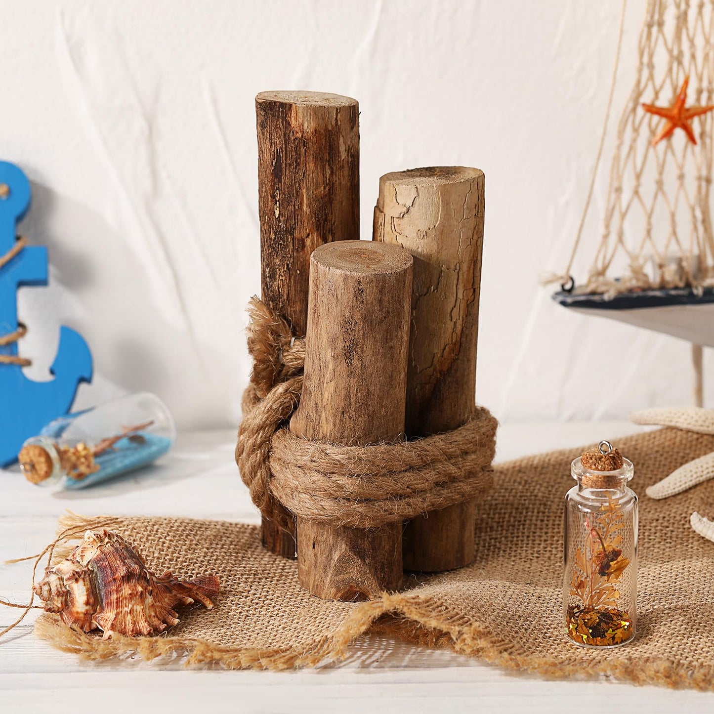 Threehoney Brown 3 Pcs Driftwood Decor Rustic Table Sign Beach Driftwood Piling Farmhouse Coastal Nautical Centerpieces Tables Coastal Decor for Fish Tanks Summer Christmas Kitchen Dining Decoration