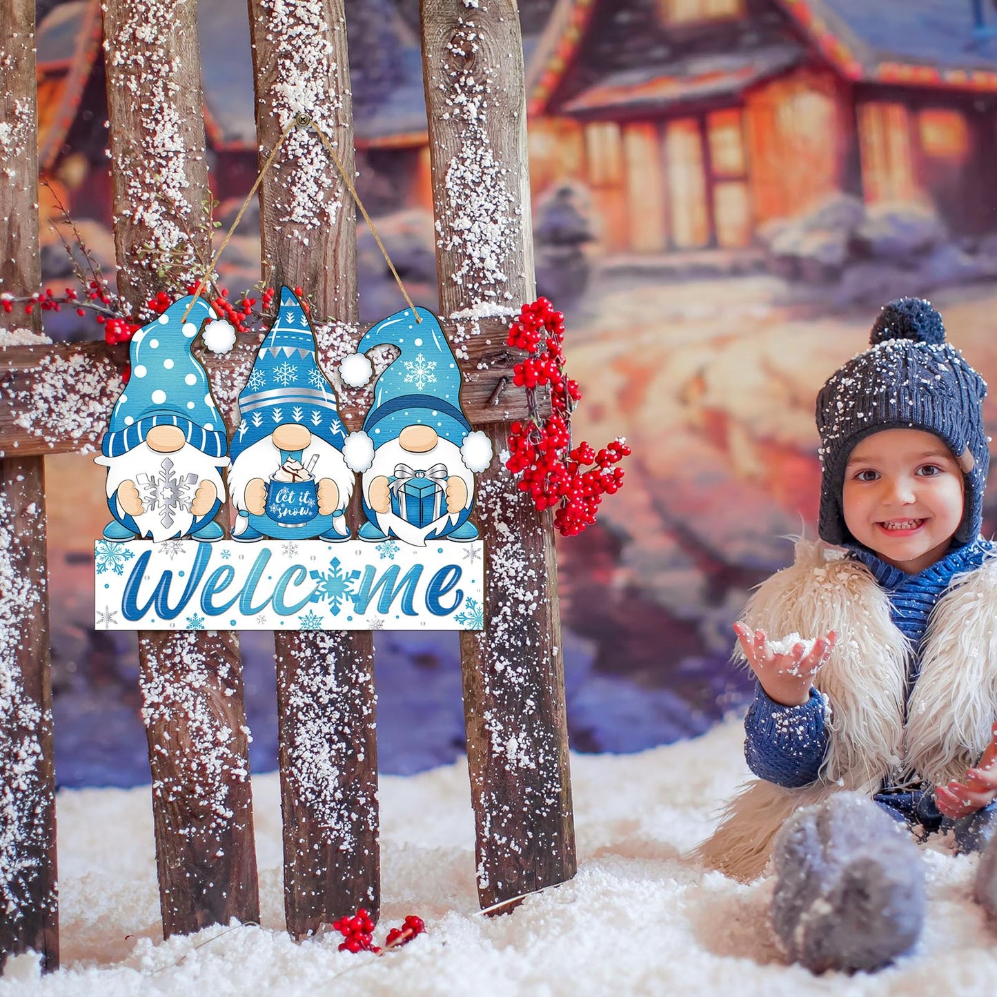 Panelee Winter Welcome Door Sign Gnome Hanging Decoration Let It Snow Wooden Gnome Sign Blue Snowflake Door Hanger with Rope Hanging Decoration for Front Porch Home Winter