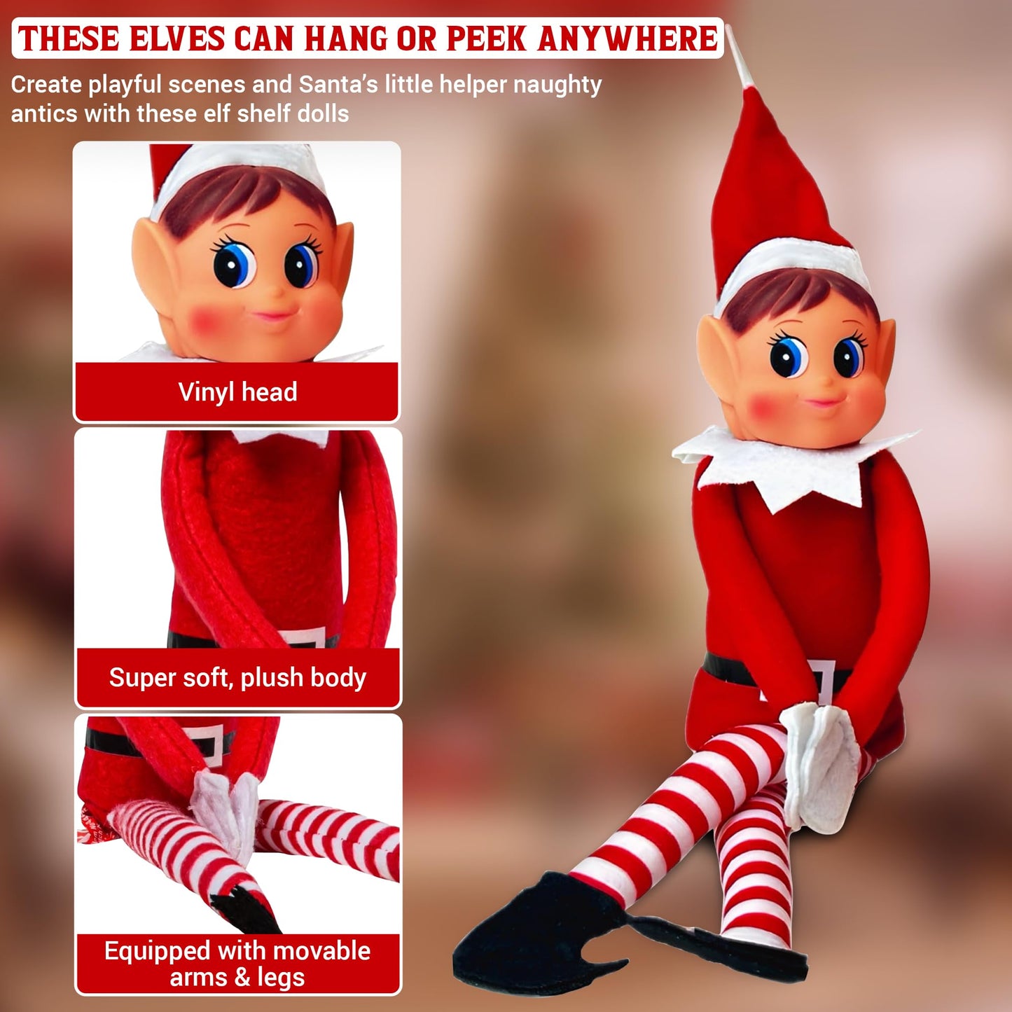 Prime Collectibles Naughty Elf Couple 2 Pack – 12 Inch Boy & Girl Christmas Elf Figures with Soft Bodies & Vinyl Faces, Santa’s Little Helpers, Holiday Shelf Decor, Festive Christmas Display Set