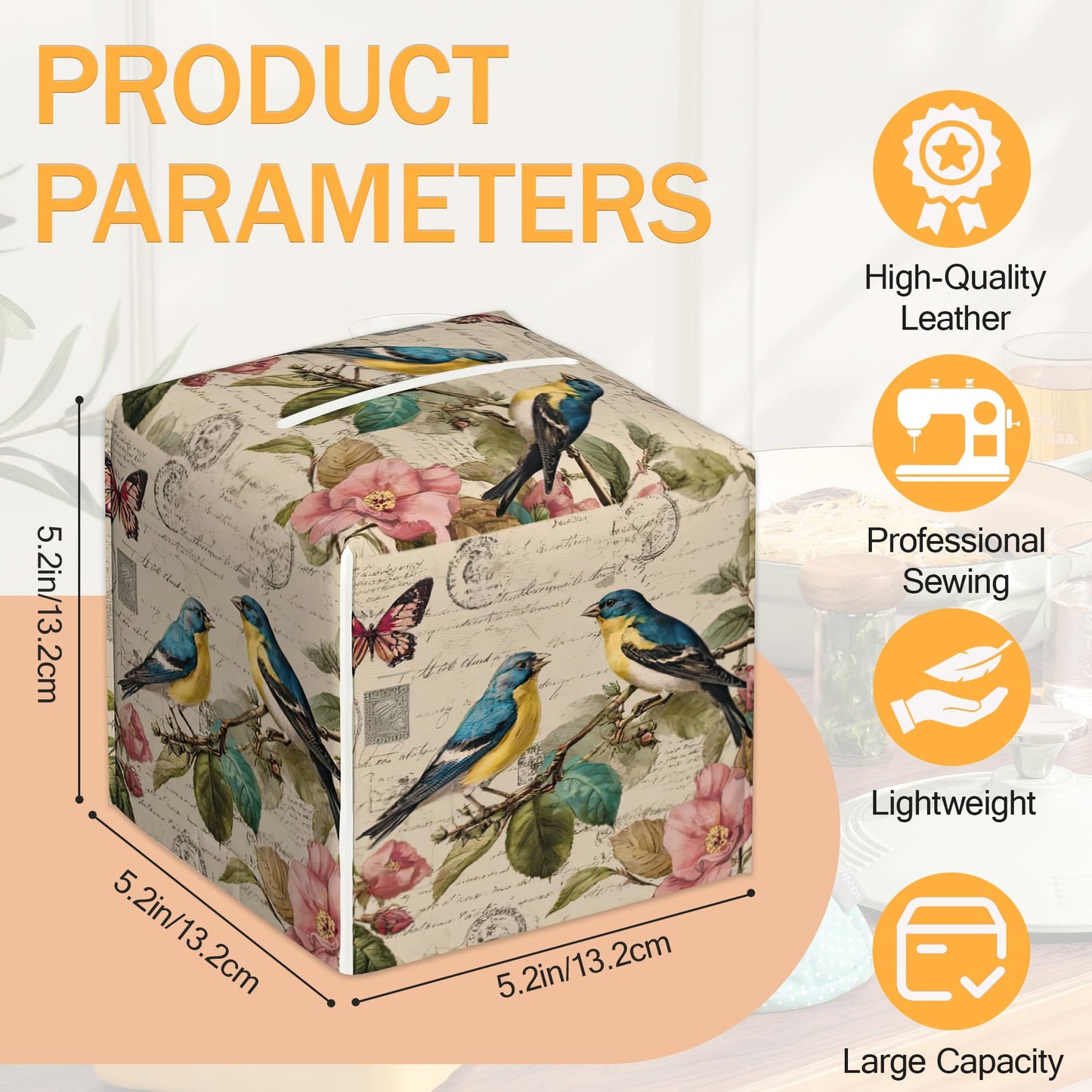 Spring Bird 2 Pcs Tissue Box Cover Square Leather Tissue Case Holder Facial Paper Organizer Decorative for Bathroom Kitchen Car Office Home Decor
