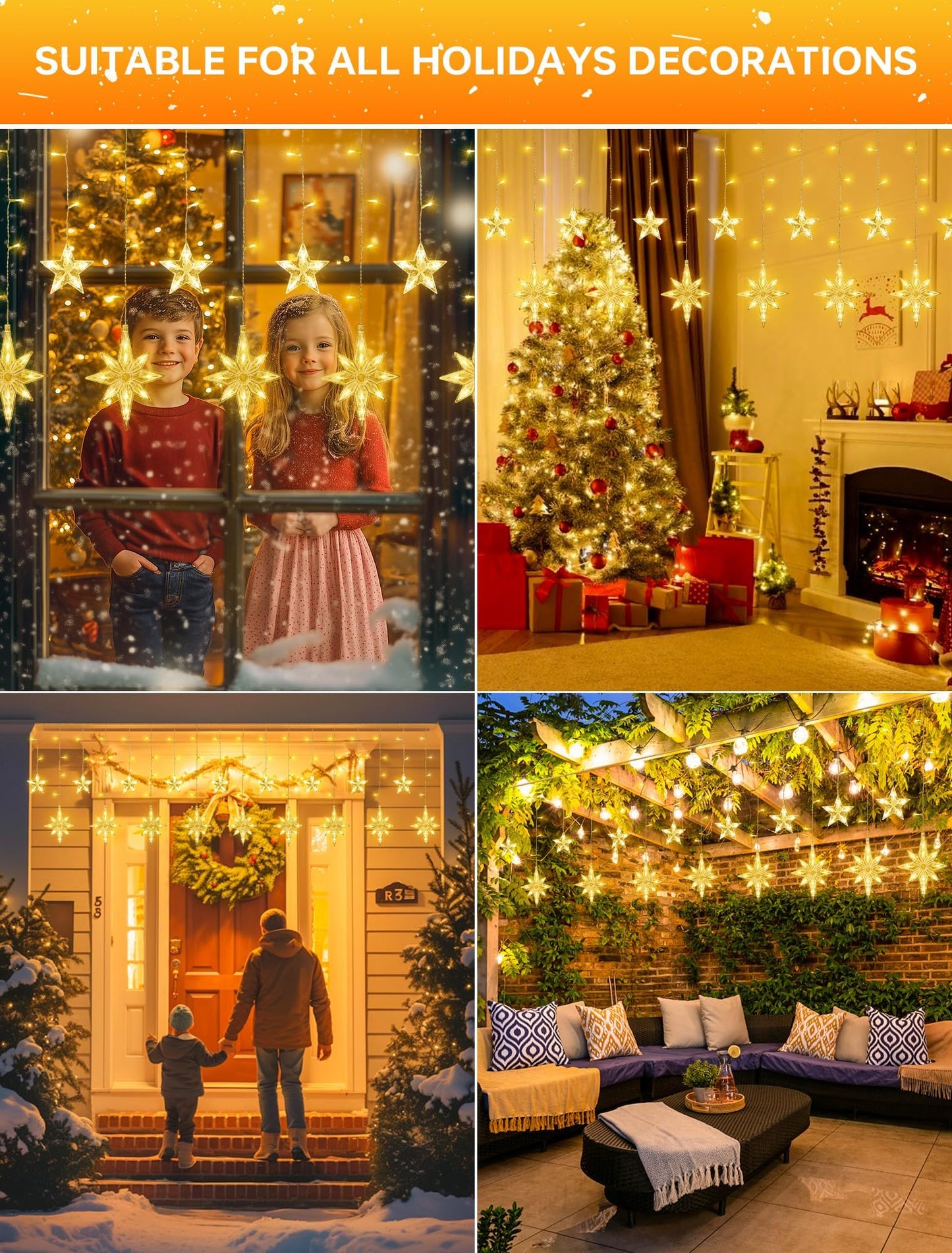 BEEWIN 126 LED Star Icicle Lights,7.8ft Connectable Window Curtain Lights Plug in,8 Lighting Modes Timer Bethlehem Star Christmas Light for Indoor Outdoor,Bedroom,Wedding,Ramadan Decor,Warm White
