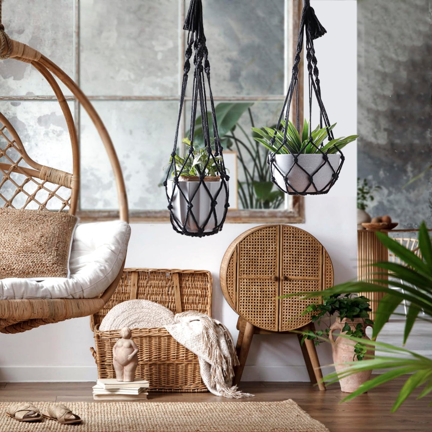 Artilady Black Plant Hanger Macrame Hanging Planter for Indoor Boho Plants Holder with Hooks Hanging Plant Basket Outdoor Window Wall Plants Home Decor (Black Macrame-2pcs)