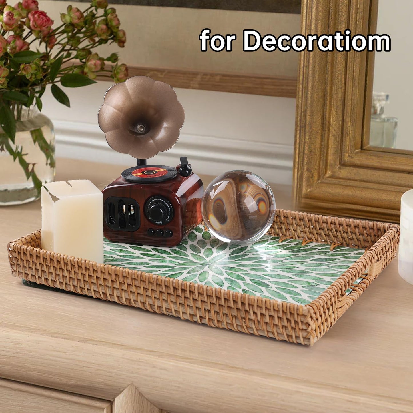 Tynulox Rectangle Rattan Tray with Mother of Pearl Inlay, Rattan Serving Tray with Handle for Coffee, Bread, Fruits, Snacks, Decorative Wicker Tray for Table Decor (Rectangle Green Leaf, 13"×9")