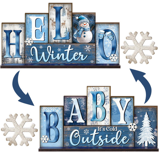 Thyle 3 Pcs Winter Wooden Table Decor Reversible Hello Winter Baby It's Cold Outside Centerpiece Blue and White Tray Decor Double Side Snowflake Blocks Sign for Farmhouse Tabletop Home Office Shelf