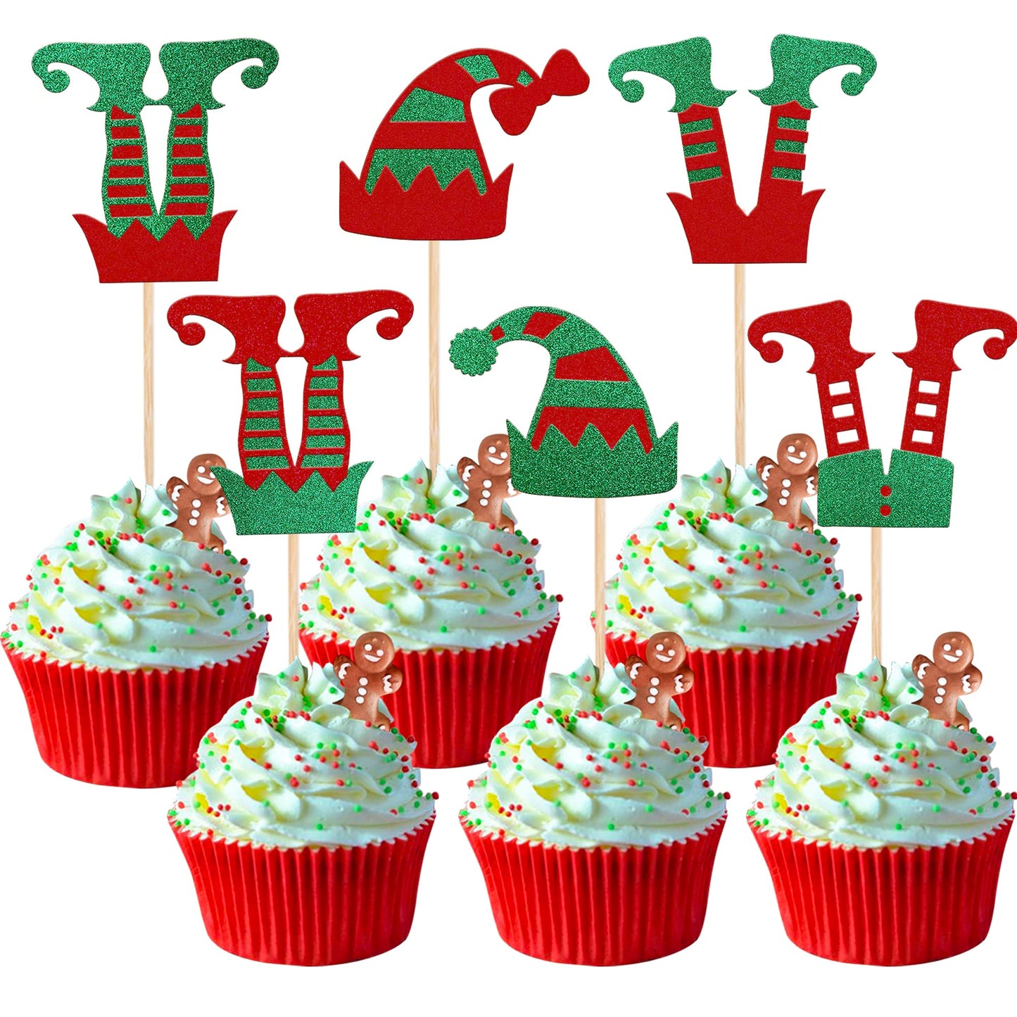 Rsstarxi 24 Pack Christmas Elf Cupcake Toppers Glitter Merry Santa Hat Elf Legs Cupcake Picks for Merry Christmas Theme New Year Holiday Baby Shower Kids Birthday Party Cake Decorations